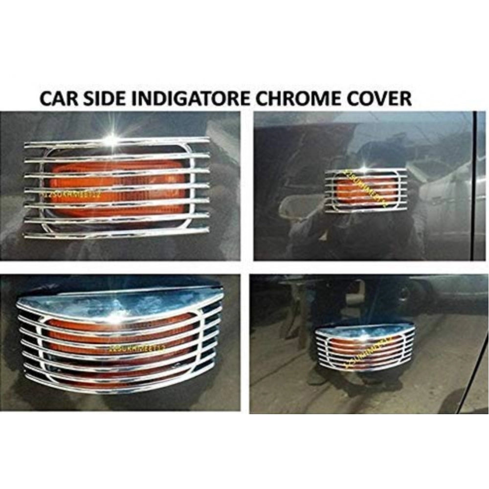 Set Of 2 Stylish Car Side Lamp/Indicator Rim Sticker Grill/Jali Type Chrome Finishing Silver Cover Auto Car Exterior Accessories (Multicolor)