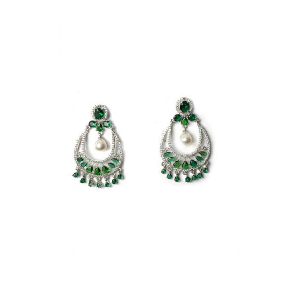 Women's Brass Silver Plated Chandbali Earrings (Green)