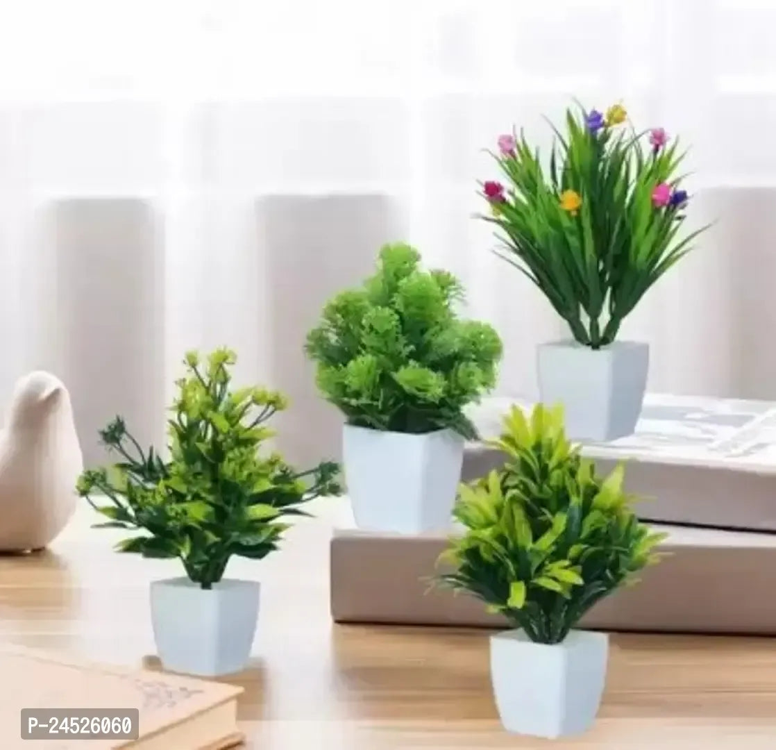 Set Of 4 All Green Different For Decoration Bonsai ( Hight15Cm). Artificial Flower With Pot (8 Inch, Pack Of 4, Flower With Basket)