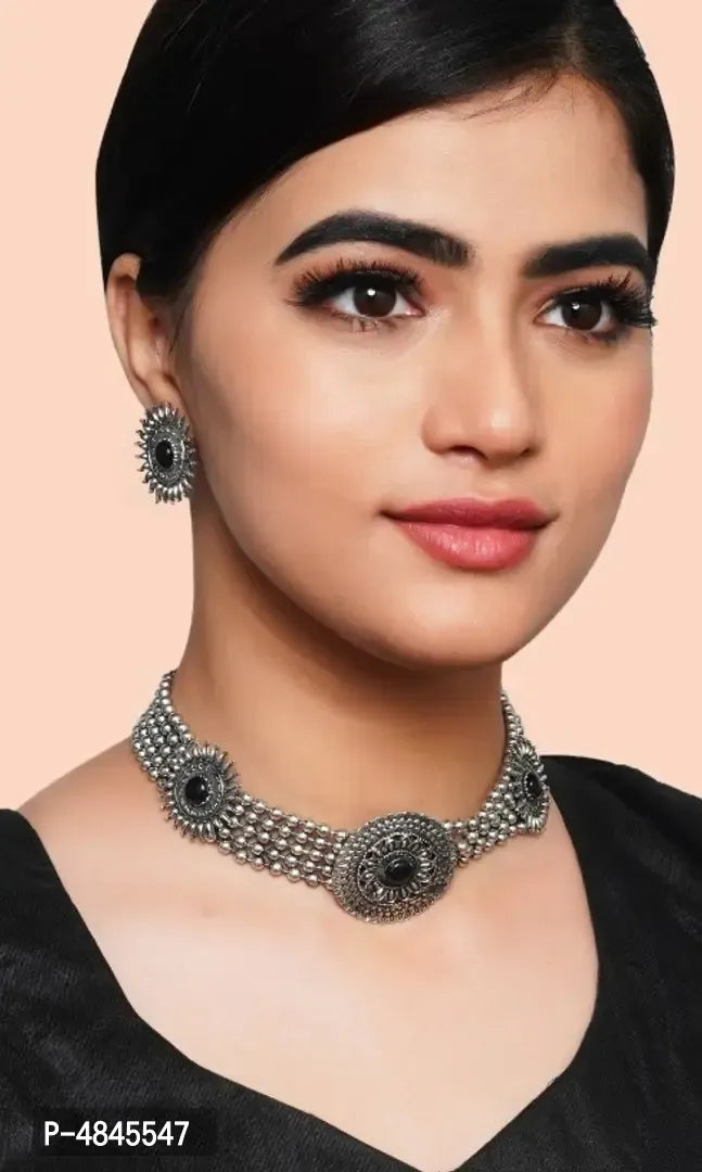 Oxidized Silver Color Necklace Set With Earrings