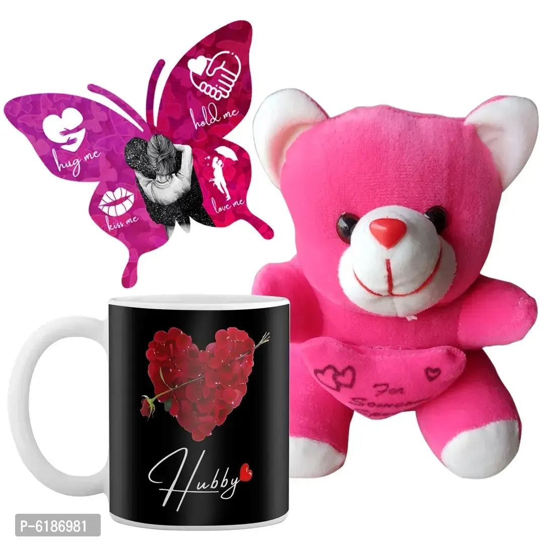 Gift Combo Ceramic Printed White Coffee Mug with Cute Little Teddy and Butterfly shaped Greeting Card
