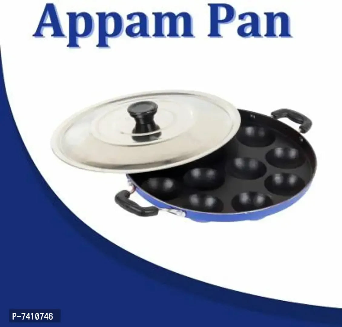 12Cavities Non Stick Appam Patra with Lid and Side Handle / AppamPan /AppamMaker / PanCake /idali Maker / idliPankadai / litti maker / Pancake / Paniarakkal 1 L capacity 21 cm diameter (Aluminium, Non-stick)