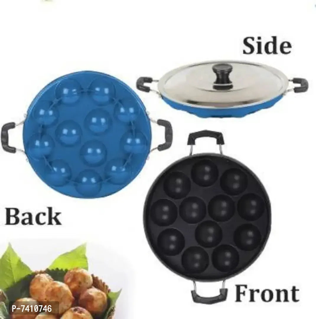 12Cavities Non Stick Appam Patra with Lid and Side Handle / AppamPan /AppamMaker / PanCake /idali Maker / idliPankadai / litti maker / Pancake / Paniarakkal 1 L capacity 21 cm diameter (Aluminium, Non-stick)