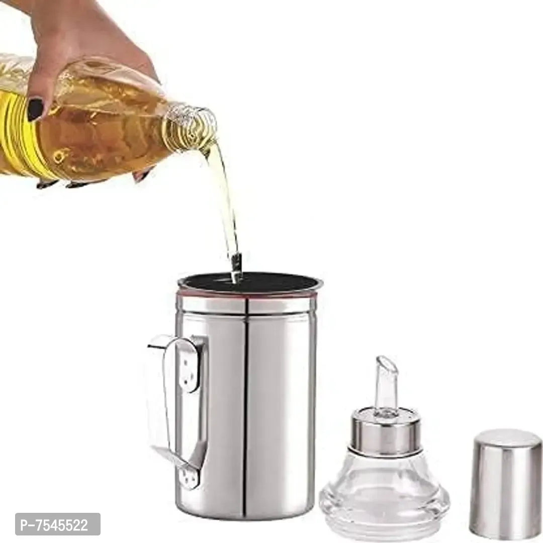 Stainless Steel Nozzle Oil Dispenser 1 Litre Silver | Oil Container | Oil Pourer | Oil Pot | Oil Can | Oil Bottle with Handle Set of 1