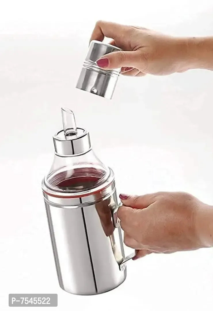 Stainless Steel Nozzle Oil Dispenser 1 Litre Silver | Oil Container | Oil Pourer | Oil Pot | Oil Can | Oil Bottle with Handle Set of 1