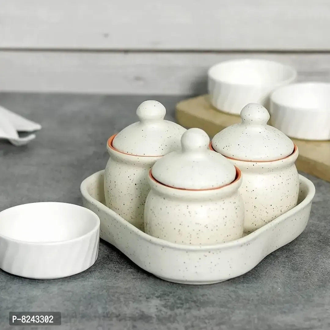 Ceramic Storage Container with Lid Tray / Chatni Jar / Pickle Jar for Kitchen Set of 3 (200 Grams, White)