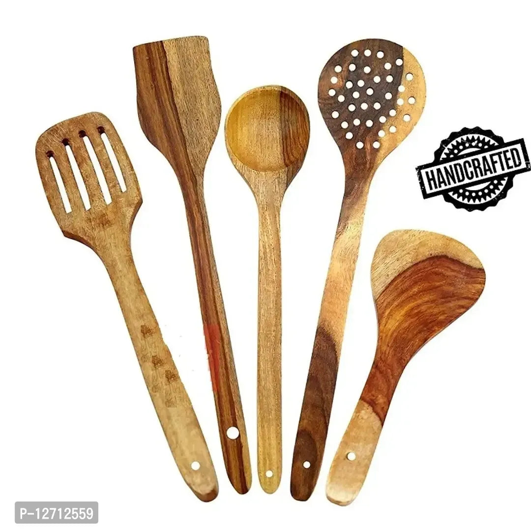 Wooden Kitchen Utensil Set - 5 Brown Serving and Cooking Spoons
