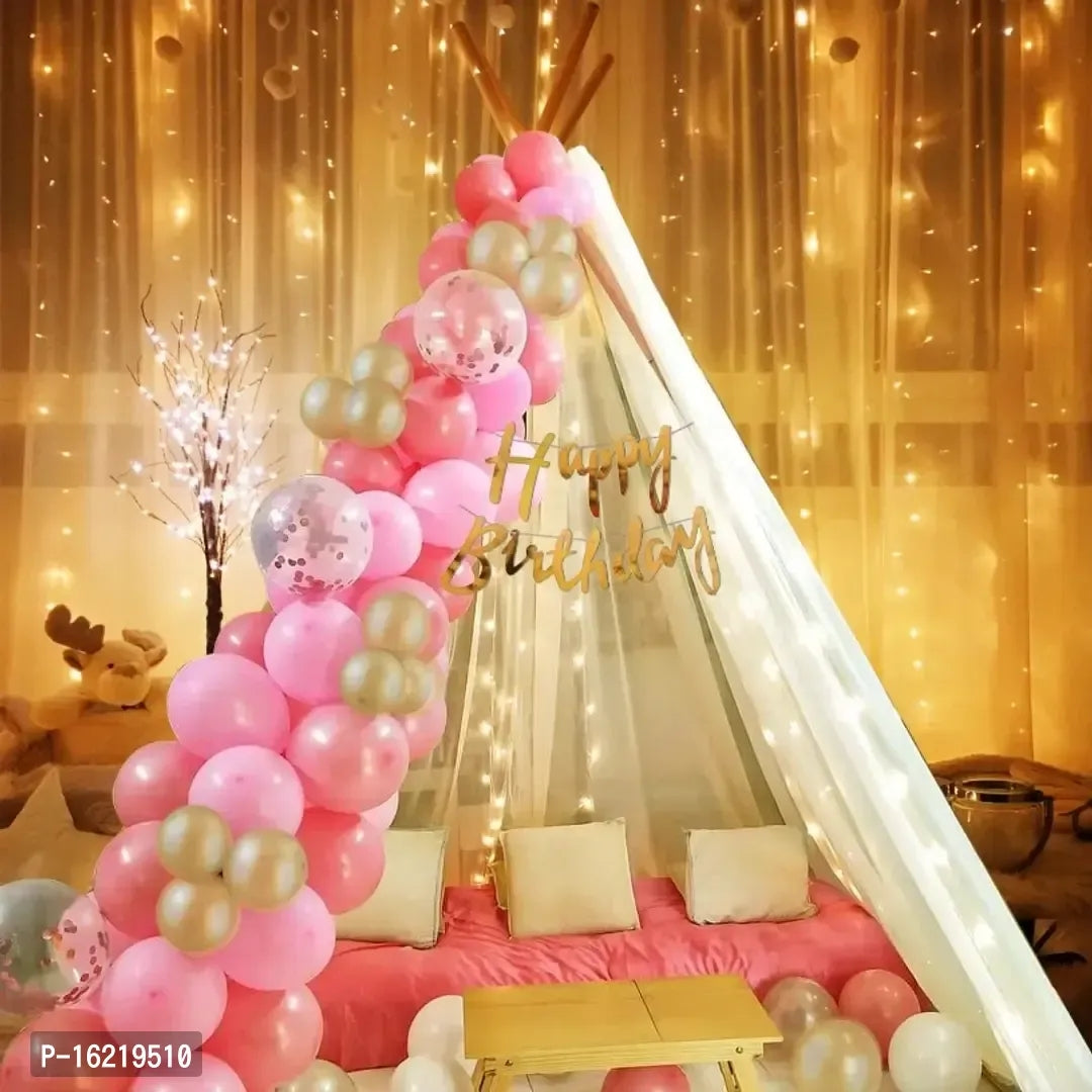 Decoration Items For Birthday 35Pcs Combo With White Net Led Fairy Lights And Pink Golden Balloons Background Decoration Items Cabana Tent Decoration