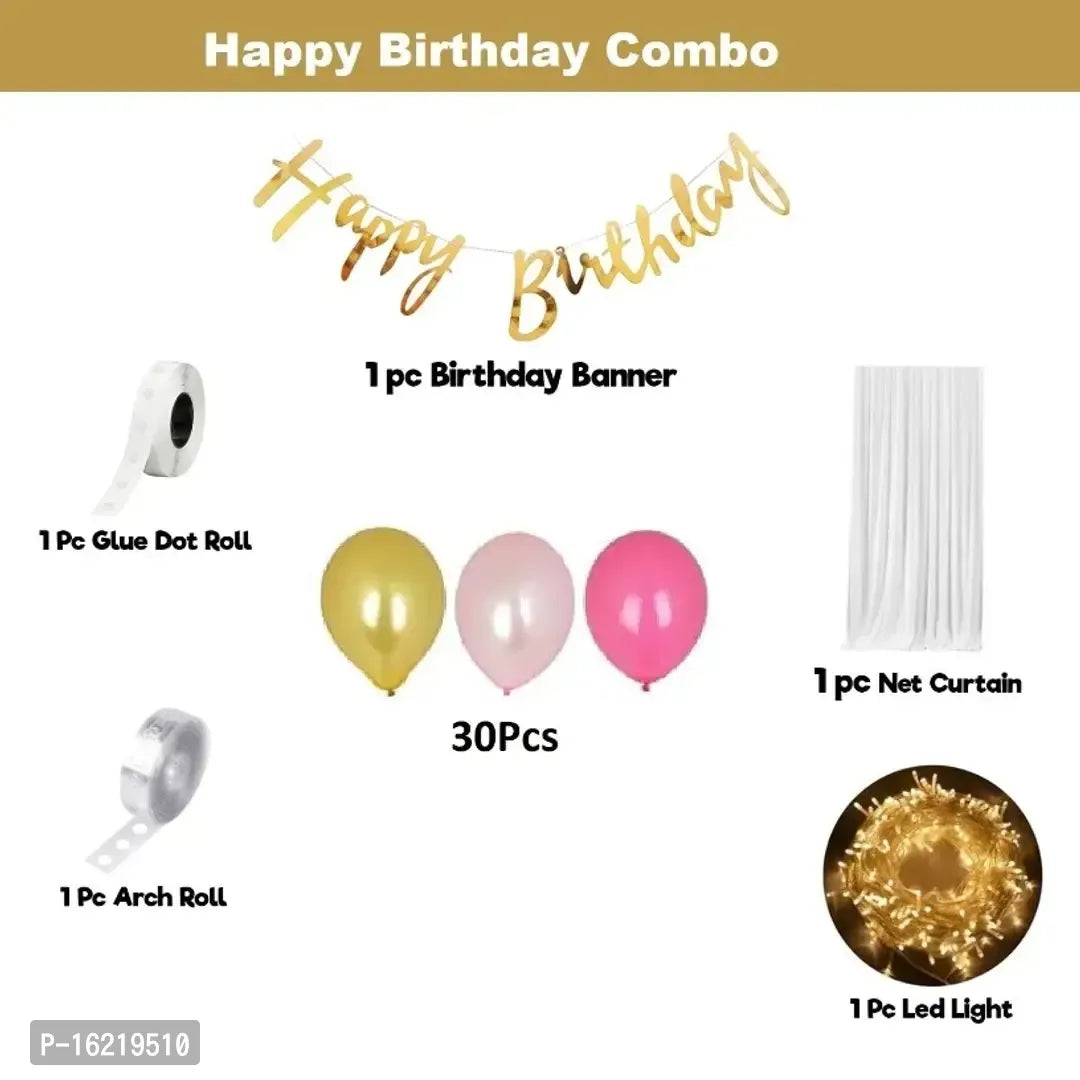 Decoration Items For Birthday 35Pcs Combo With White Net Led Fairy Lights And Pink Golden Balloons Background Decoration Items Cabana Tent Decoration