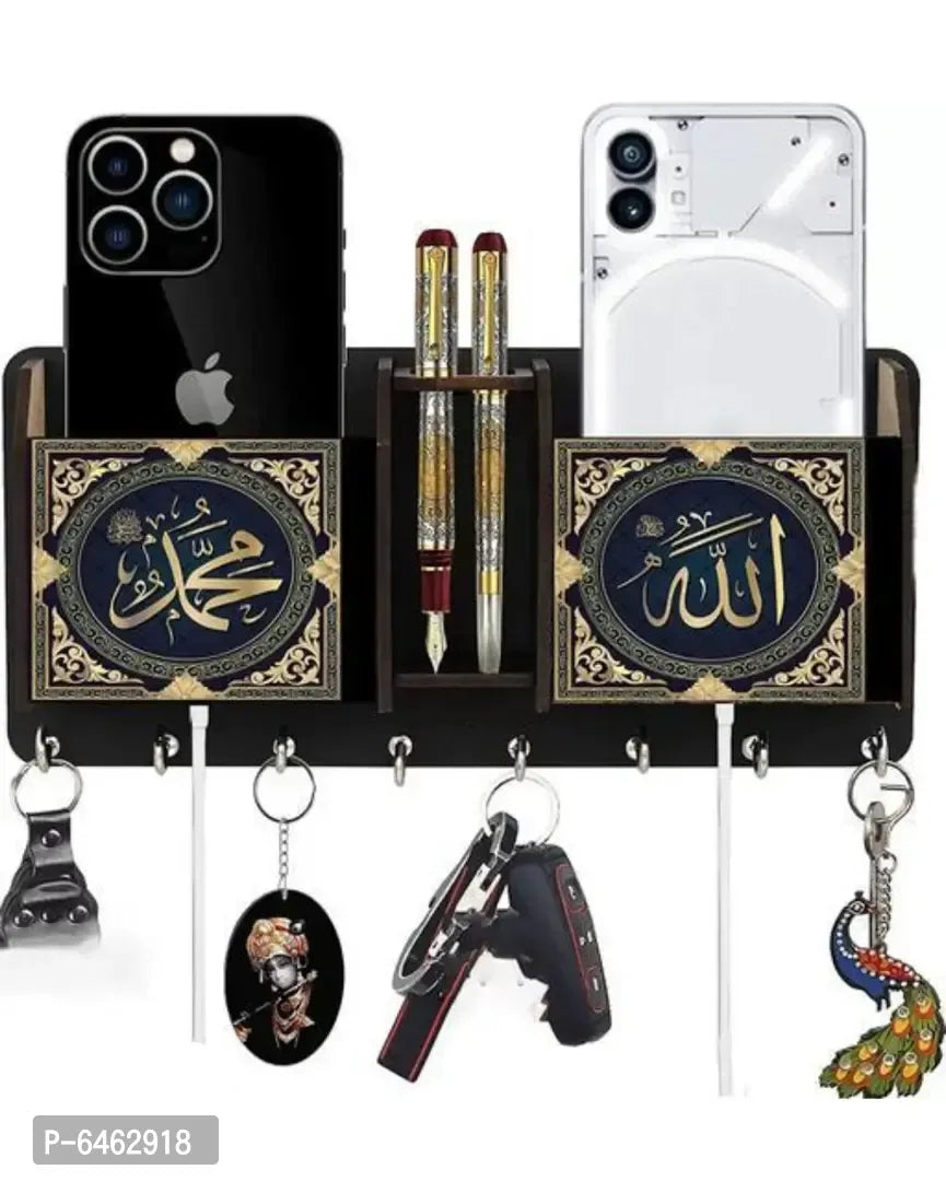 Double Mobile Stand And Pen Holder Wood Key Holder Wood Key Holder 7 Hooks Brown