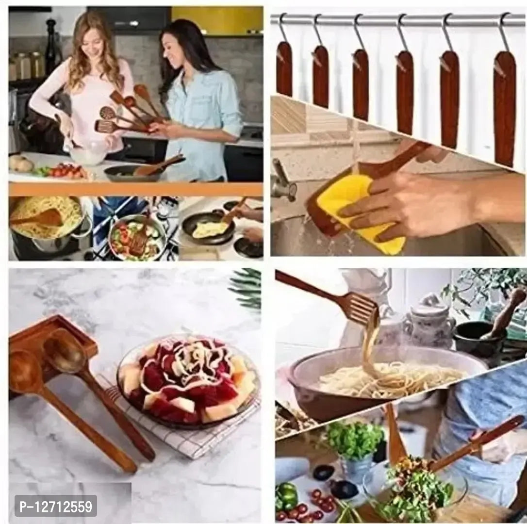 Wooden Kitchen Utensil Set - 5 Brown Serving and Cooking Spoons