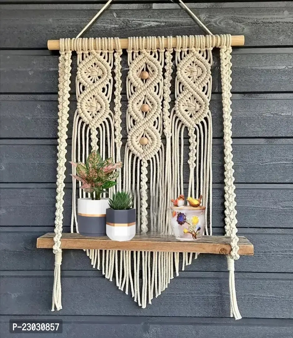 Wall Hanging Shelf, Decorative Handmade Floating Wooden Shelve, Hand Woven Items for Living Room Bed Room, Gift Item Kitchen, Size 12 x 5 x 24 Inch, Off White