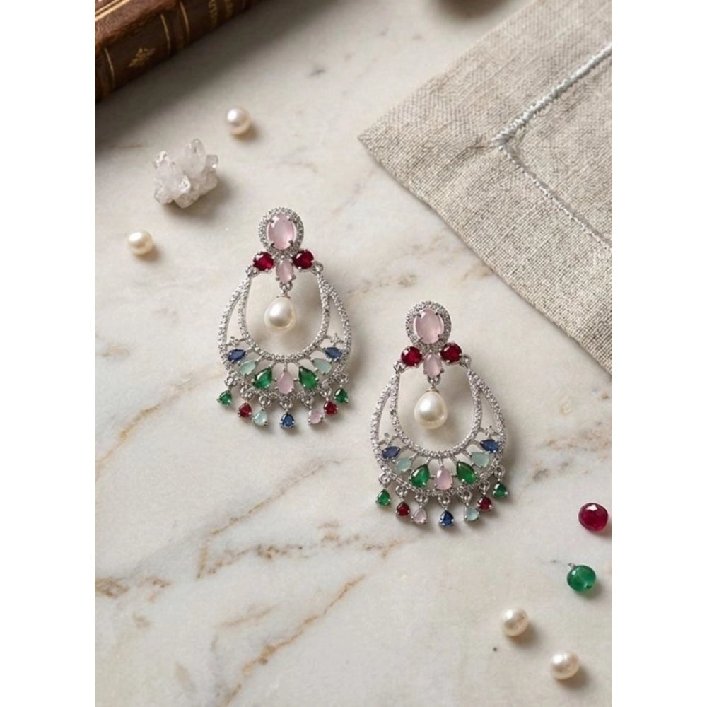 Women's Brass Silver Plated Chandbali Earrings (Multicolor)