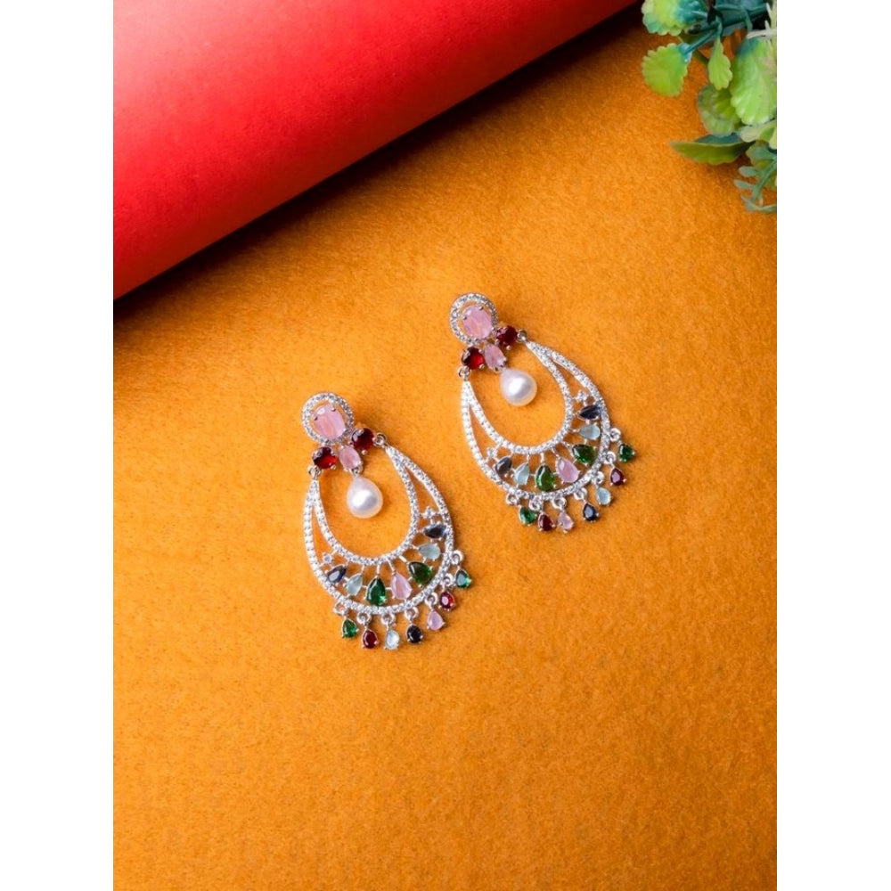 Women's Brass Silver Plated Chandbali Earrings (Multicolor)