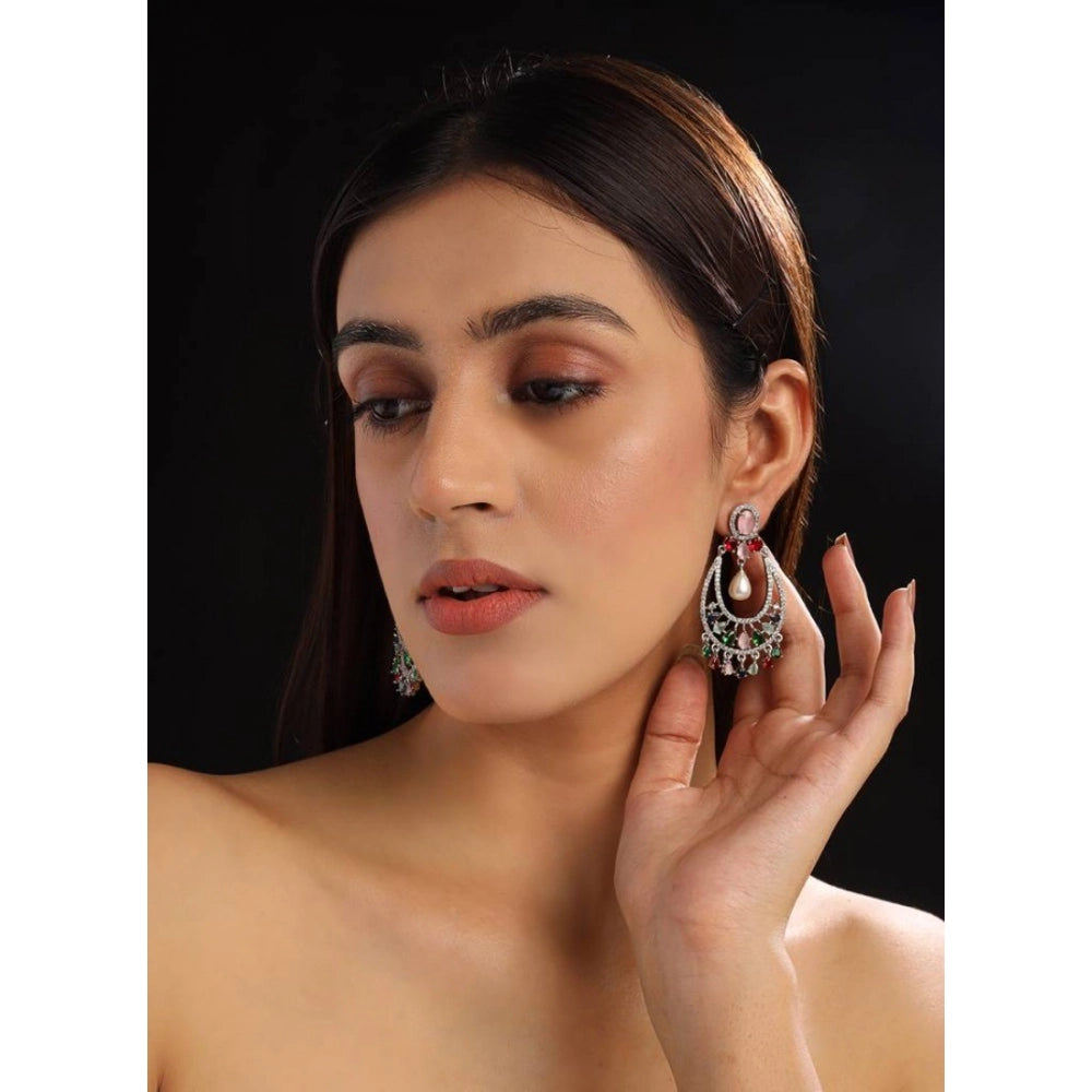 Women's Brass Silver Plated Chandbali Earrings (Multicolor)