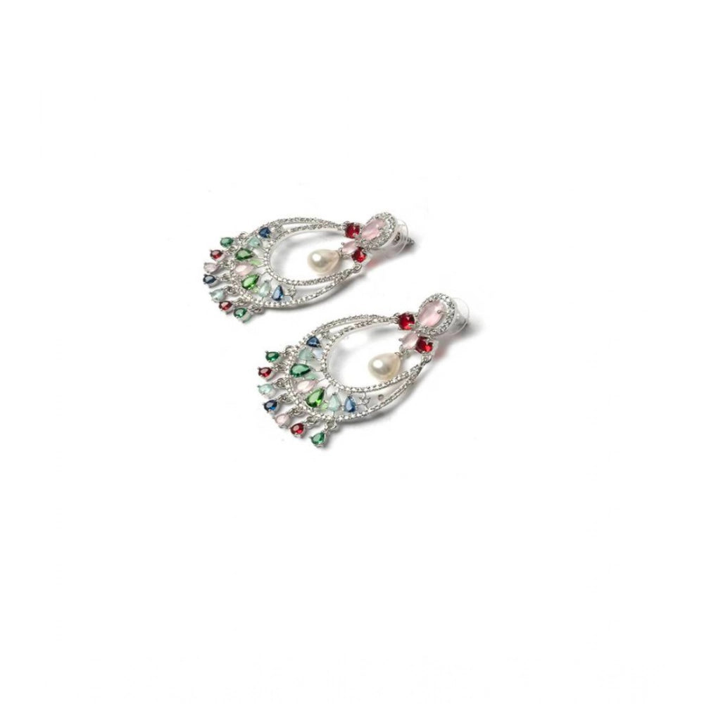 Women's Brass Silver Plated Chandbali Earrings (Multicolor)