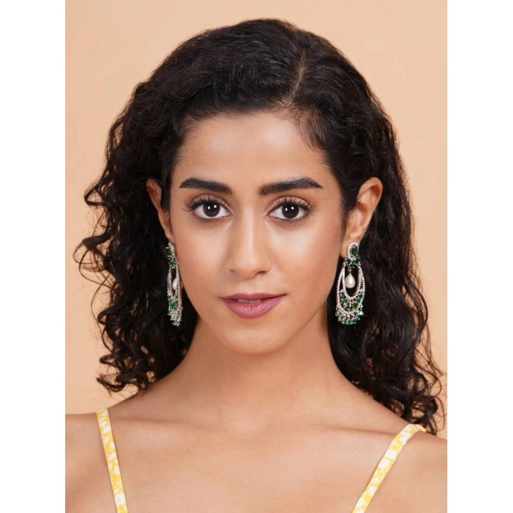 Women's Brass Silver Plated Chandbali Earrings (Green)