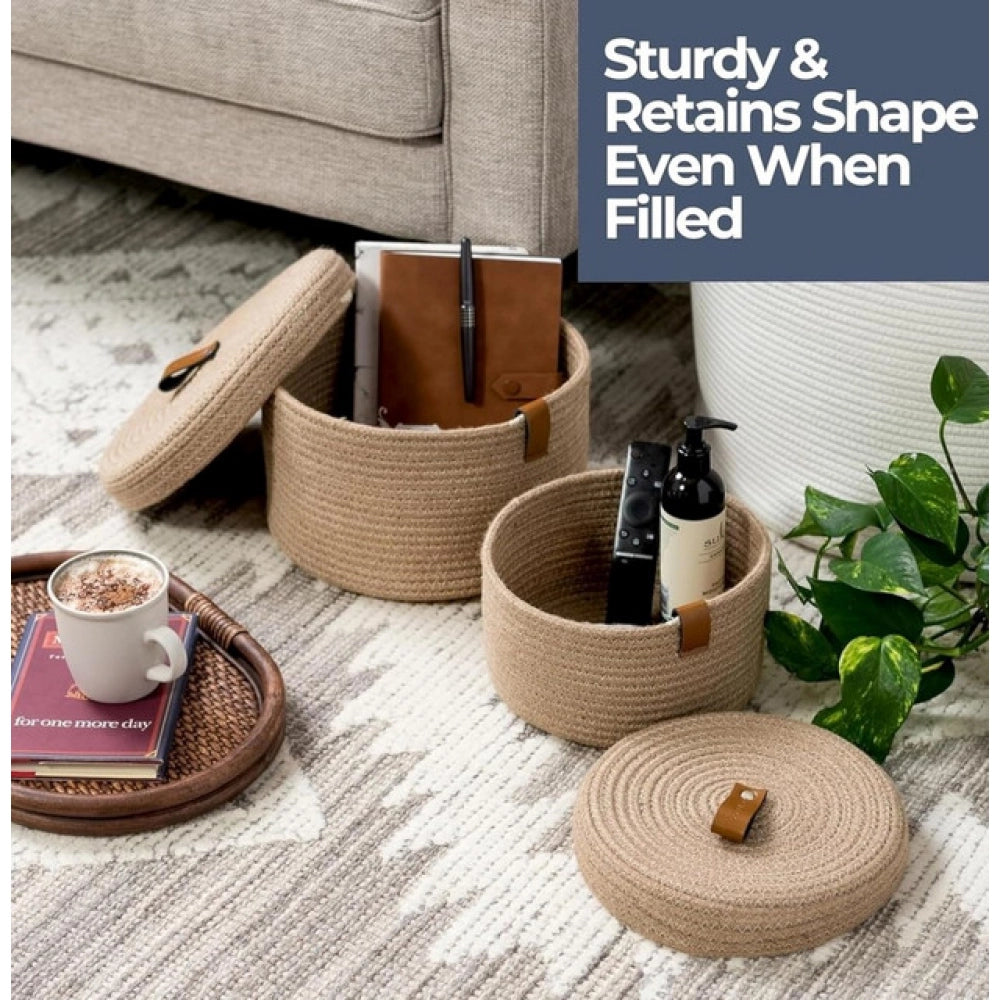 Cotton 2 Pcs Set Roti Box Storage Basket With Lid (Beige)