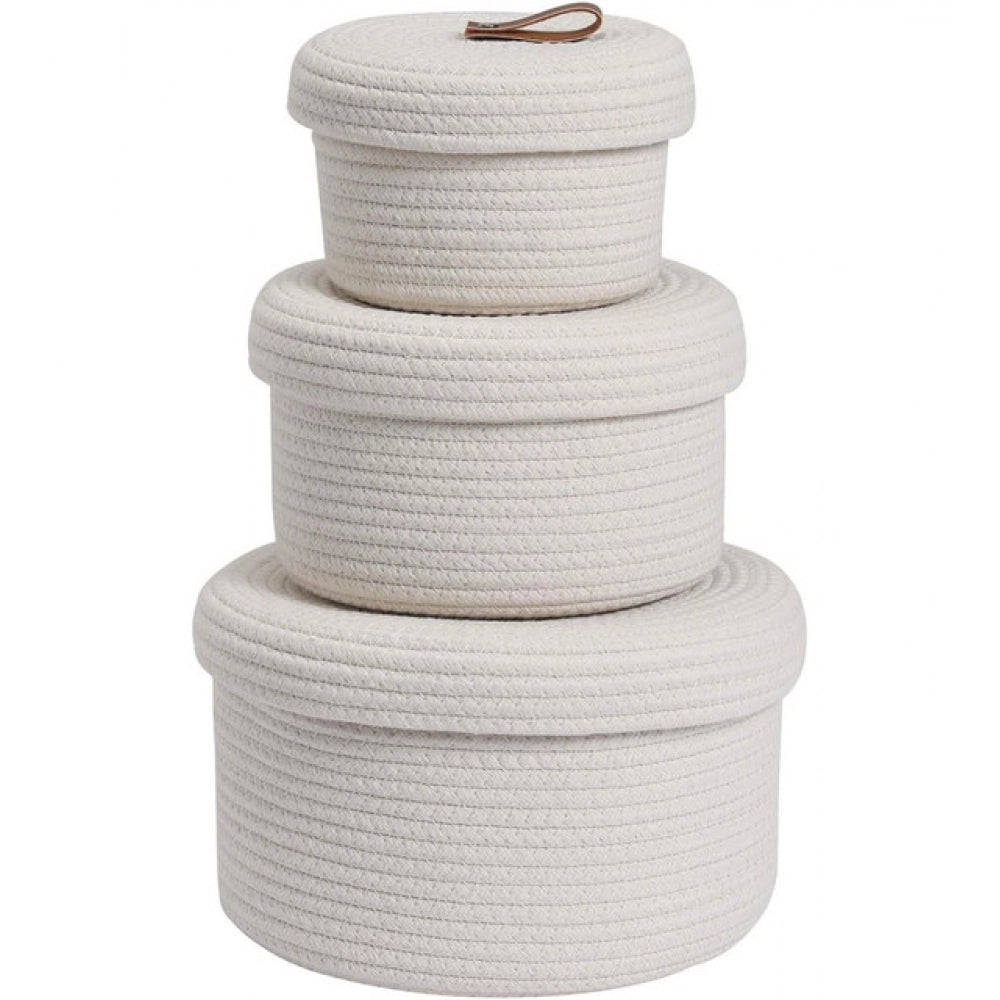 Cotton 3 Pcs Set Roti Box Storage Basket With Lid (White)