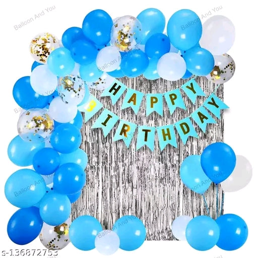 Blue Happy Birthday Decoration Kit 42pcs Combo Set Banner Silver Foil Curtain Metallic Confetti Balloons
