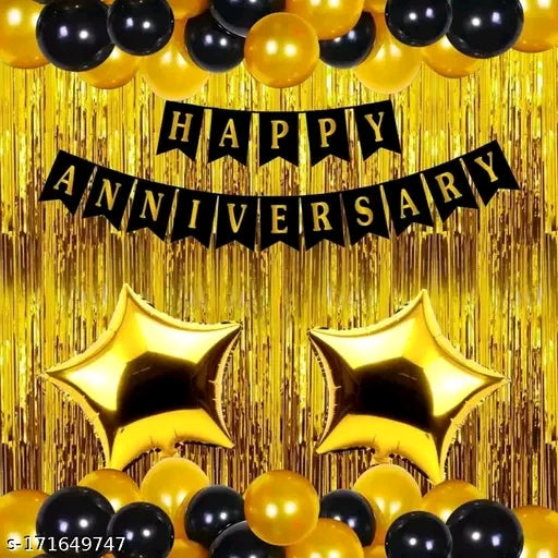 Happy Anniversary Decoration Kit Home -34 Items Golden Combo Set For Decoration Balloon Bouquet (Gold, Black, Pack of 34)