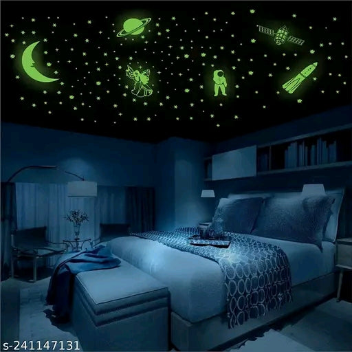 Green Color Fluorescent Night Glow Sticker In The Dark Star Wall Sticker | Polyvinyl Chloride Radium Stickers Stars Big and Small Ceiling or Wall Stickers for Kids Room | Bedroom | Living Room | Drawing Room