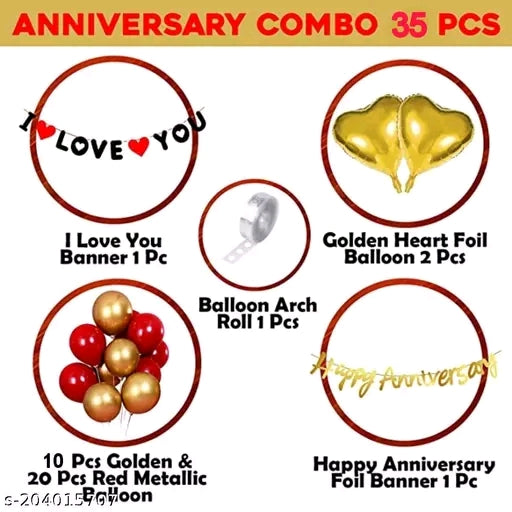 I Love You Decoration Happy Anniversary Combo Kit 35Pcs Heart Foil Balloon Red -Gold Metallic Balloon
