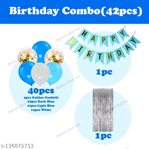 Blue Happy Birthday Decoration Kit 42pcs Combo Set Banner Silver Foil Curtain Metallic Confetti Balloons