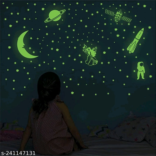 Green Color Fluorescent Night Glow Sticker In The Dark Star Wall Sticker | Polyvinyl Chloride Radium Stickers Stars Big and Small Ceiling or Wall Stickers for Kids Room | Bedroom | Living Room | Drawing Room