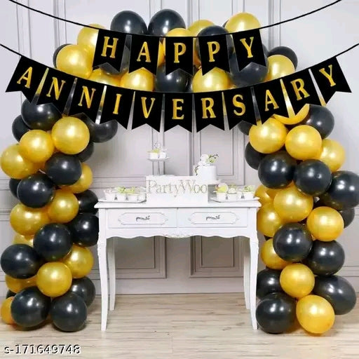 Happy Anniversary Decoration Kit Home -34 Items Golden Combo Set For Decoration Balloon Bouquet (Gold, Black, Pack of 34)