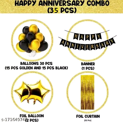Happy Anniversary Decoration Kit Home -34 Items Golden Combo Set For Decoration Balloon Bouquet (Gold, Black, Pack of 34)