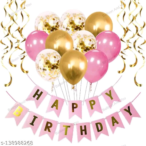 16Pcs Happy Birthday Banner, Pink-Golden Balloons with Golden Confettie and Golden Swirls