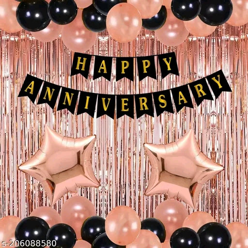 Happy Anniversary Decoration Kit For Home -34 Items Rose Gold Combo Set Bunting, Curtains, Balloons, Foil Balloons anniversary decoration items For Bedroom