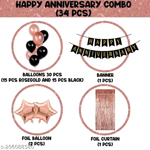 Happy Anniversary Decoration Kit For Home -34 Items Rose Gold Combo Set Bunting, Curtains, Balloons, Foil Balloons anniversary decoration items For Bedroom