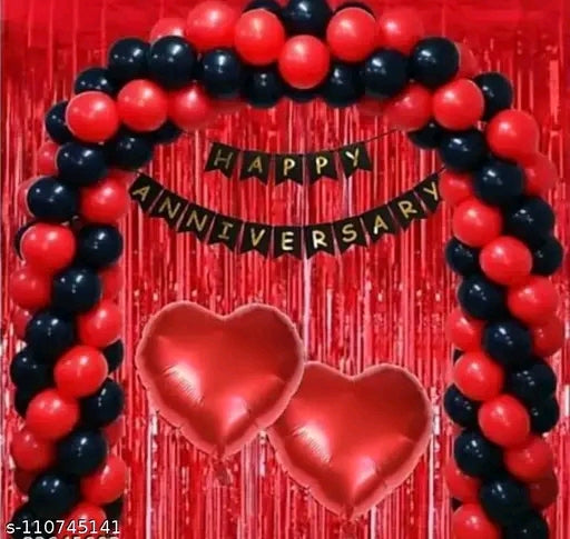Happy Anniversary Decoration Set - 2 pcs Red Fringe Curtain + 1 pcs Happy Annivarsary Banner + 2 pcs Red Heart 10" Foil + 20 pcs Metallic Balloon (10 pcs red + 10 pcs black)