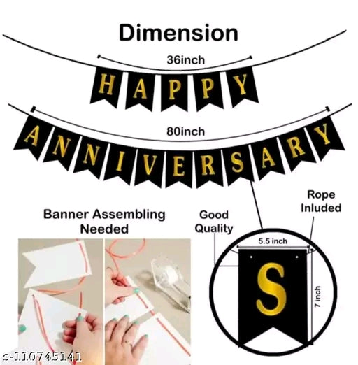 Happy Anniversary Decoration Set - 2 pcs Red Fringe Curtain + 1 pcs Happy Annivarsary Banner + 2 pcs Red Heart 10" Foil + 20 pcs Metallic Balloon (10 pcs red + 10 pcs black)