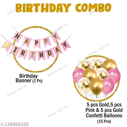 16Pcs Happy Birthday Banner, Pink-Golden Balloons with Golden Confettie and Golden Swirls
