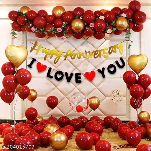 I Love You Decoration Happy Anniversary Combo Kit 35Pcs Heart Foil Balloon Red -Gold Metallic Balloon