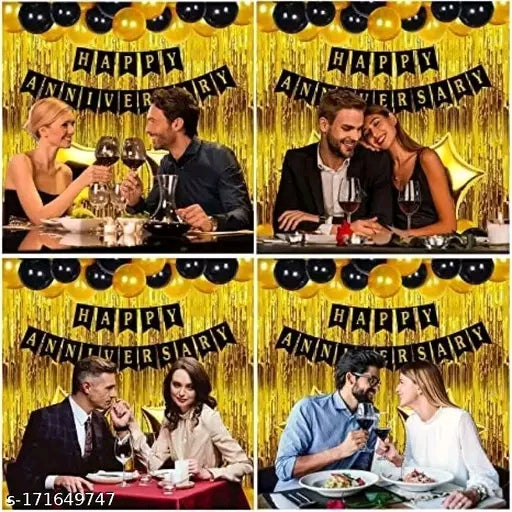 Happy Anniversary Decoration Kit Home -34 Items Golden Combo Set For Decoration Balloon Bouquet (Gold, Black, Pack of 34)
